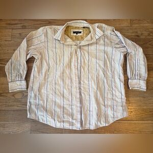 Men's Striped Casual Button-Down Shirt - White with Tan & Red Stripes
